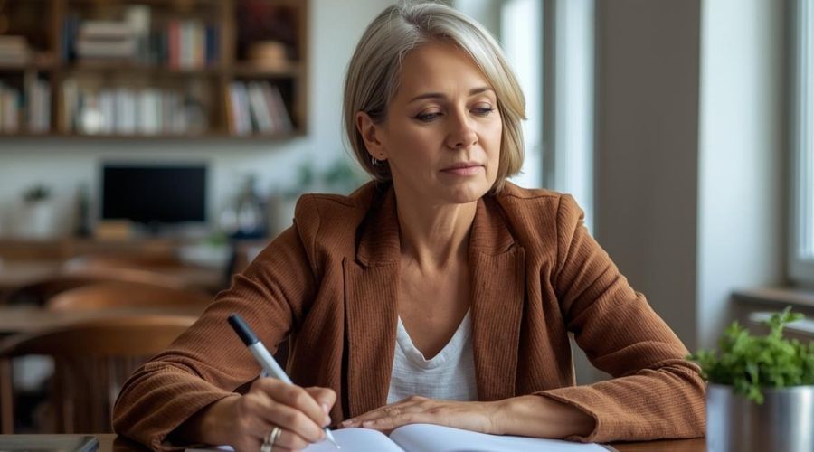 Frau über einem Heft beim Lernen und Schreiben